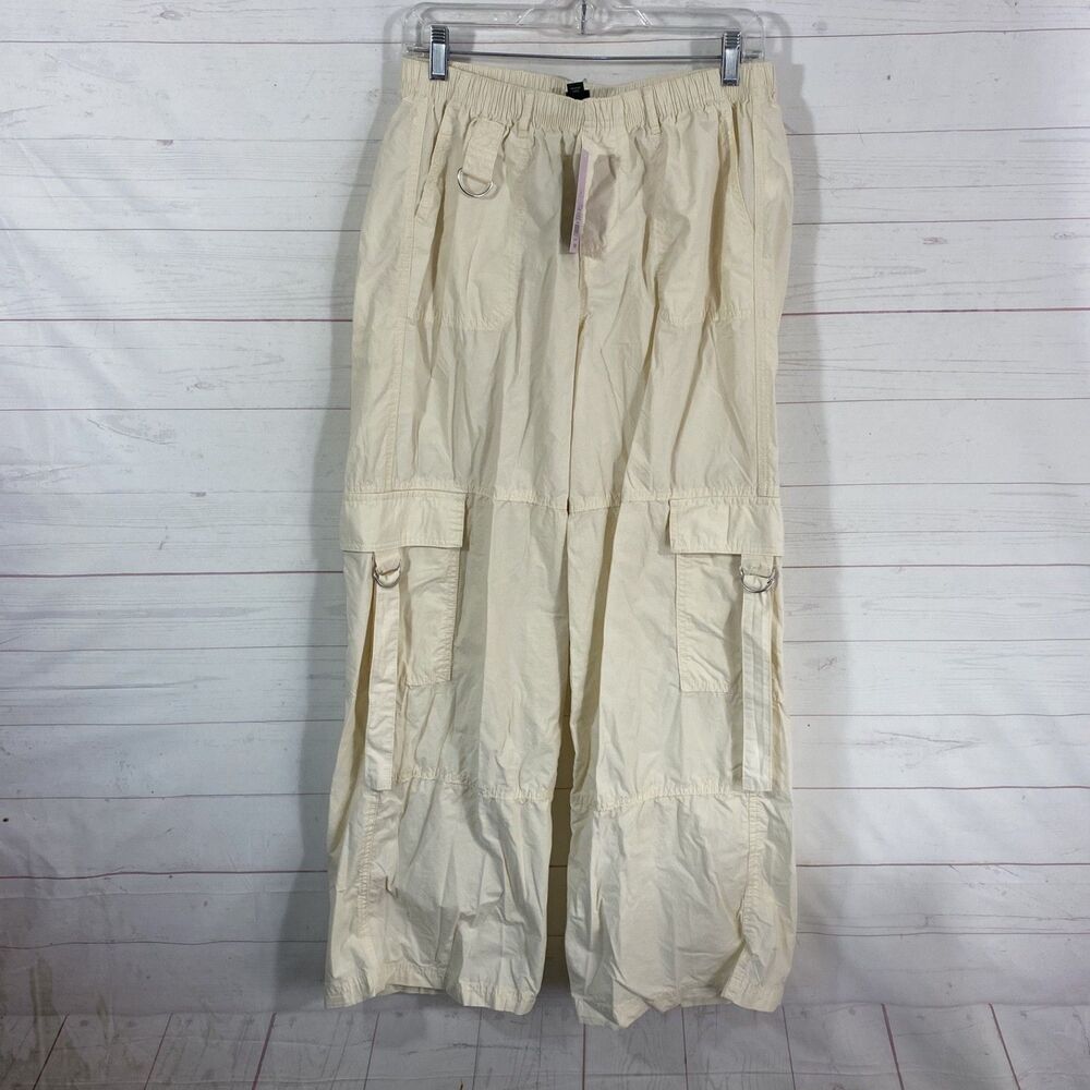 Wild Fable Womens Pull On High Rise Wide Leg Cargo Pants Sz M Ivory Cotton New